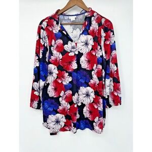 Liz Claiborne Red White Blue Floral Tunic Top V Neck 3/4 Sleeve Stretch Knit XL